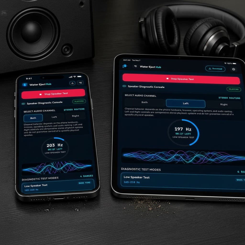 Speaker cleaner sound test running on a phone and tablet with audio channel and frequency controls