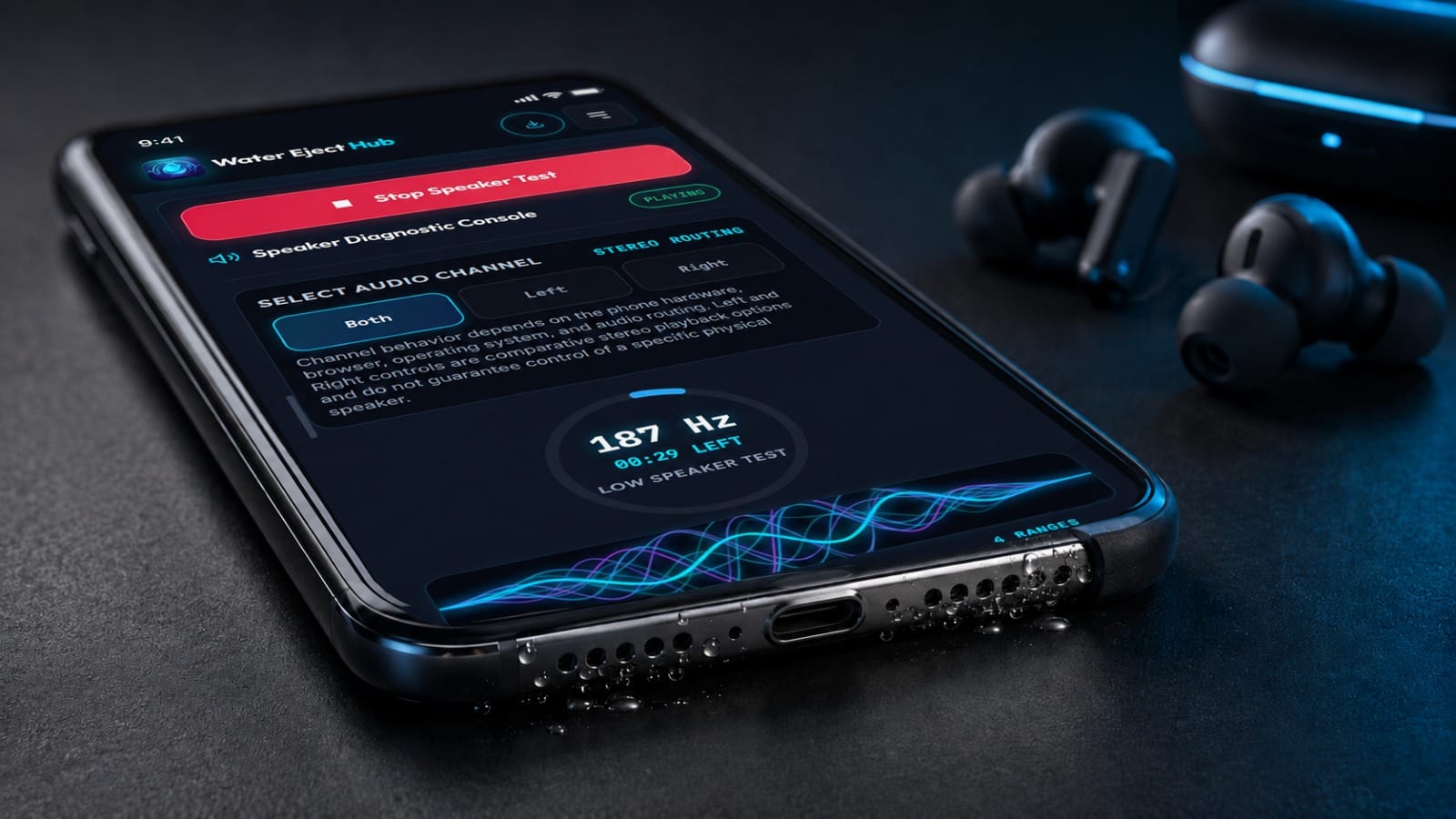 iPhone displaying the Water Eject Hub speaker test with audio channel controls, a frequency display, waveform graphics, and water droplets near the speaker grille