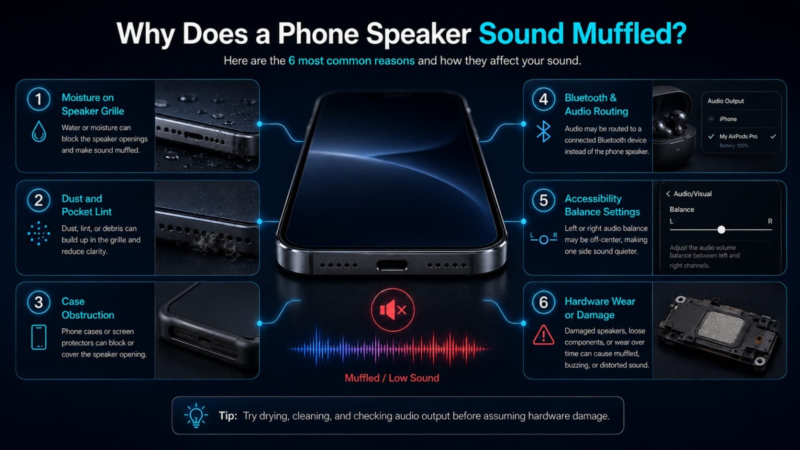 Six common causes of muffled phone speaker sound, including moisture, dust, case obstruction, Bluetooth routing, audio balance settings, and hardware damage