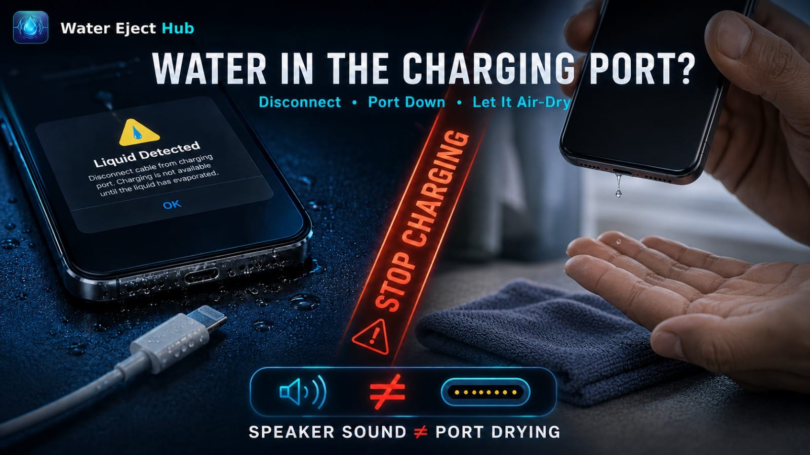 iPhone liquid detected alert with a disconnected charging cable, port-down drying position, and warning that speaker sound does not dry a wet charging port