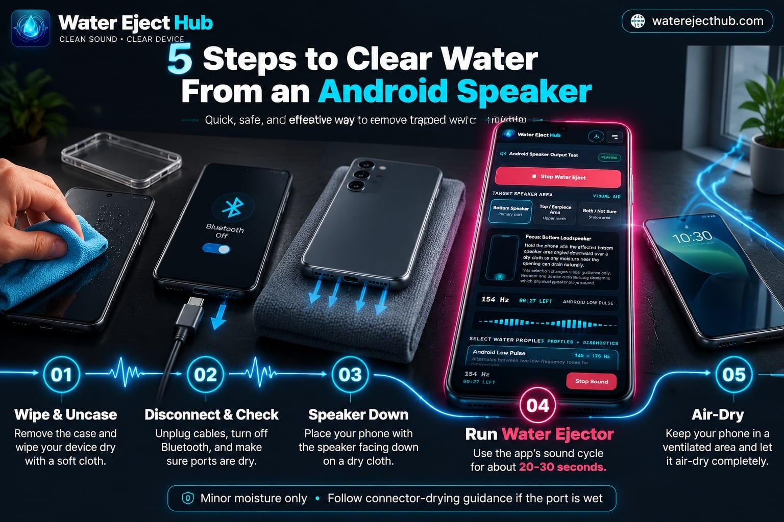 Five-Step Android Speaker Moisture Workflow Android guide showing a five-step speaker moisture workflow: wipe, unplug, angle down, play sound, and air dry