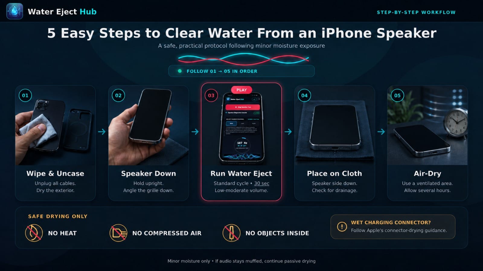 Five-step iPhone speaker drying workflow: wipe the exterior, hold the speaker down, play a water eject sound, place the phone on a cloth, and air-dry