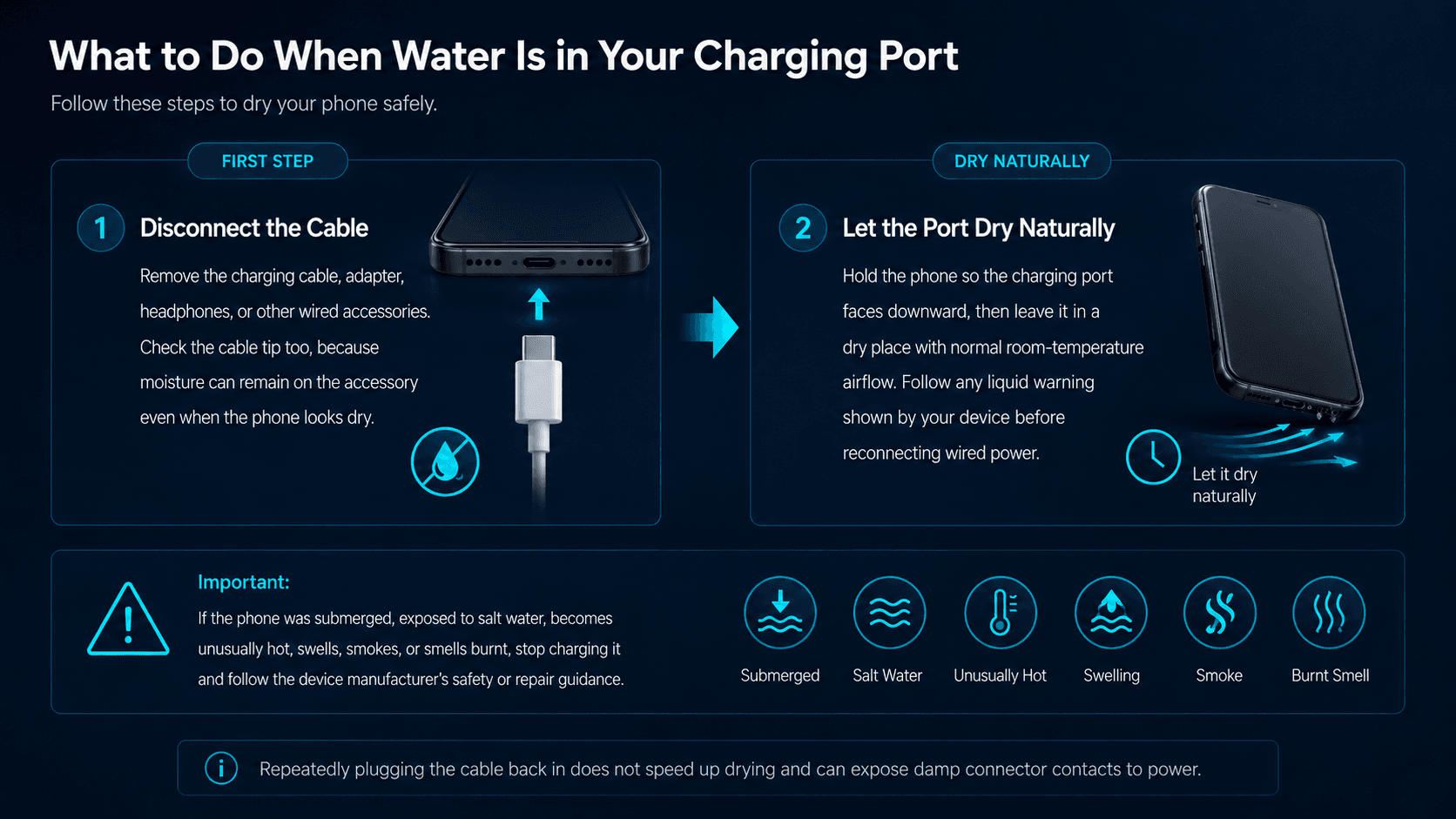 Water in Charging Port: Safe Drying Steps What to do when water is in your phone charging port—disconnect the cable and let the port dry naturally