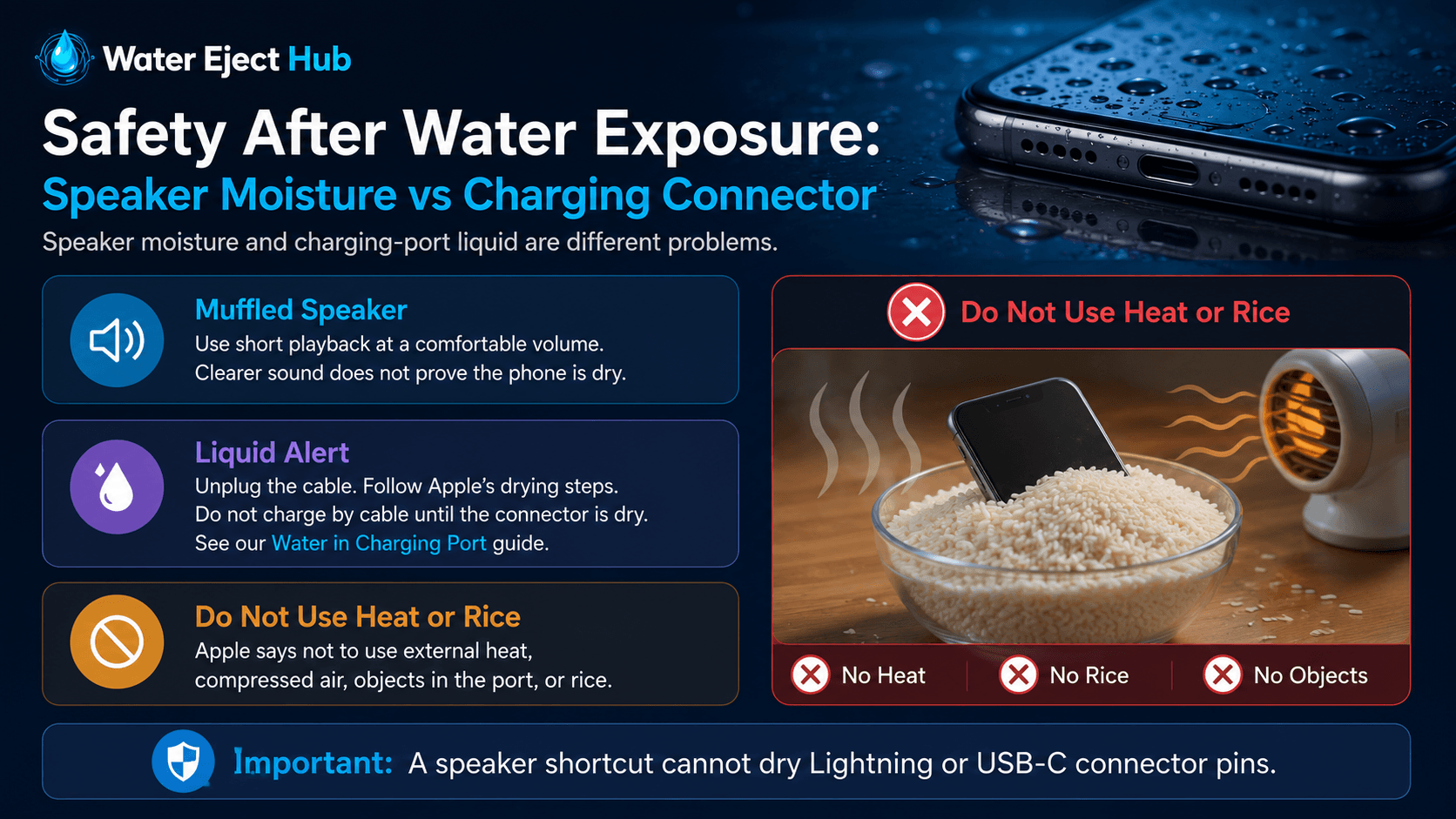 Water Exposure Safety Guide for Speaker and Charging Port Water exposure safety guide showing speaker moisture and charging connector precautions